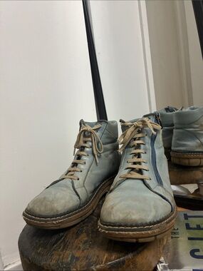 Women's Light Blue Leather Lace-Up Ankle Booties with Side Zip